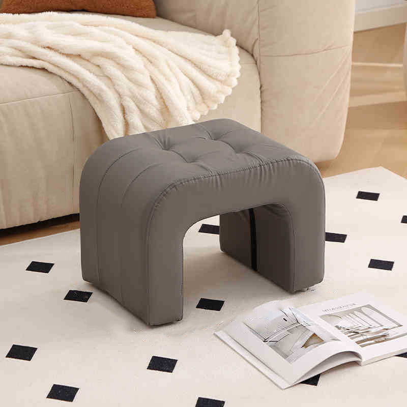 Contemporary Scandinavian Round-Arch Vanity Stool — Solid Wood & Plywood, Leather Upholstered Seat with Sponge Cushion, Backless & Armless for Bedroom