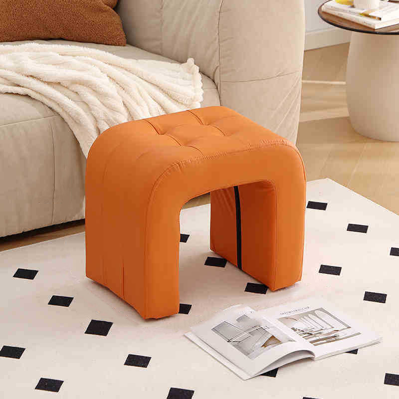 Contemporary Scandinavian Round-Arch Vanity Stool — Solid Wood & Plywood, Leather Upholstered Seat with Sponge Cushion, Backless & Armless for Bedroom