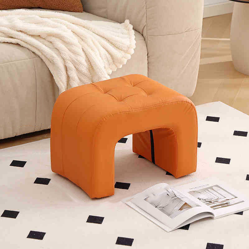 Contemporary Scandinavian Round-Arch Vanity Stool — Solid Wood & Plywood, Leather Upholstered Seat with Sponge Cushion, Backless & Armless for Bedroom