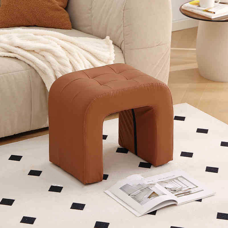 Contemporary Scandinavian Round-Arch Vanity Stool — Solid Wood & Plywood, Leather Upholstered Seat with Sponge Cushion, Backless & Armless for Bedroom