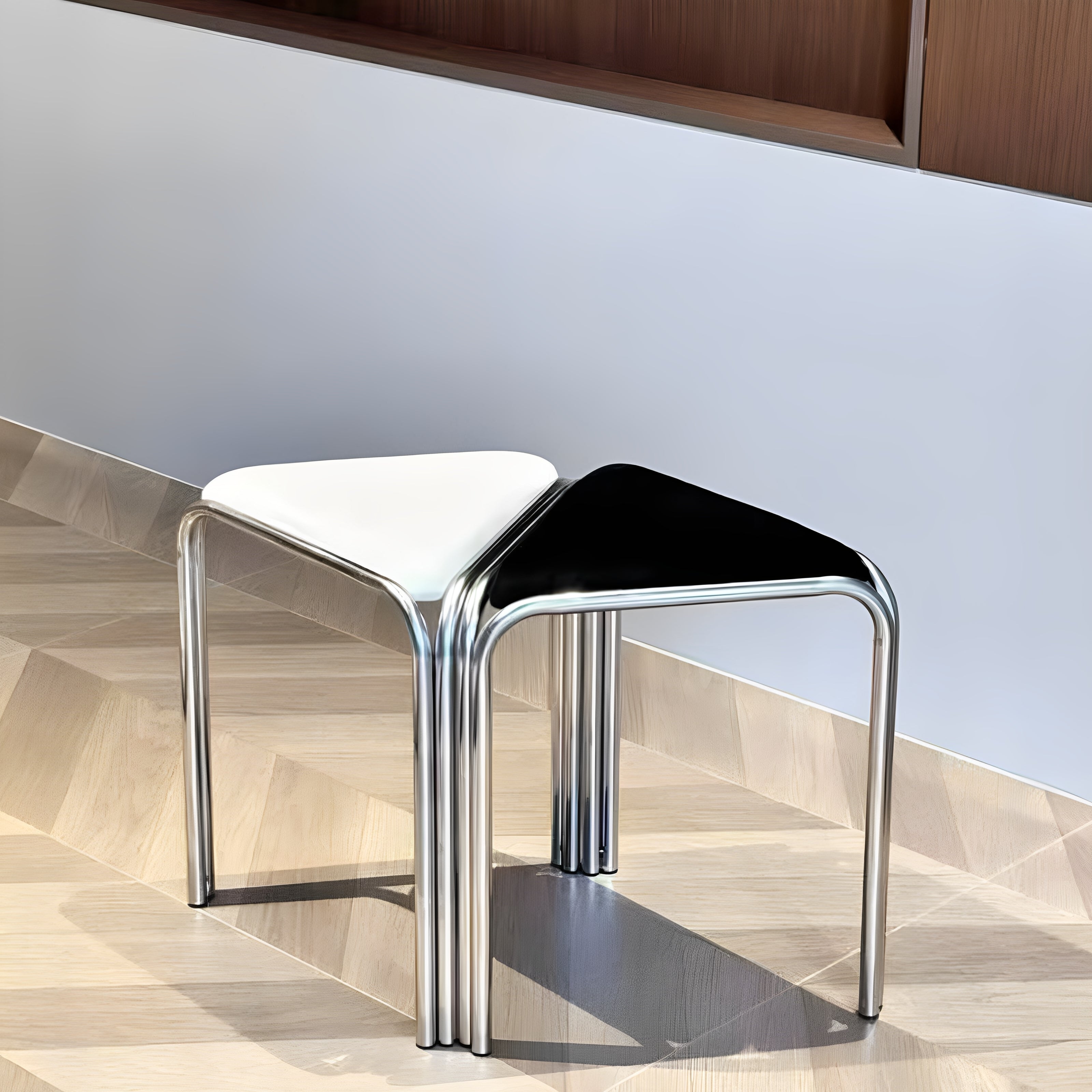 Contemporary Flannelette-Top Stainless Steel Stackable Triangle Stool, Low, Backless & Armless for Living Room