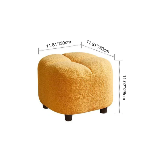 Taburete bajo escandinavo contemporáneo de tejido sherpa cuadrado con base de madera — Sin respaldo y sin brazos, ideal para recibidores y pasillos