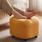 Taburete bajo escandinavo contemporáneo de tejido sherpa cuadrado con base de madera — Sin respaldo y sin brazos, ideal para recibidores y pasillos