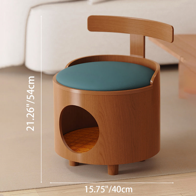 Contemporary Scandinavian Round Solid Wood Cat Bed with Faux Leather Sponge Cushion, Multi-Layer Board Construction, Low Stool Design with Backrest, Armless, for Living Room