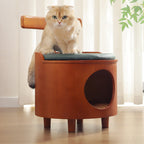 Contemporary Scandinavian Round Solid Wood Cat Bed with Faux Leather Sponge Cushion, Multi-Layer Board Construction, Low Stool Design with Backrest, Armless, for Living Room