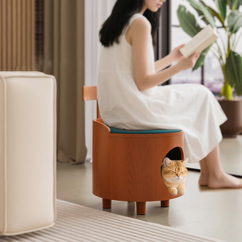 Contemporary Scandinavian Round Solid Wood Cat Bed with Faux Leather Sponge Cushion, Multi-Layer Board Construction, Low Stool Design with Backrest, Armless, for Living Room