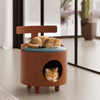 Contemporary Scandinavian Round Solid Wood Cat Bed with Faux Leather Sponge Cushion, Multi-Layer Board Construction, Low Stool Design with Backrest, Armless, for Living Room
