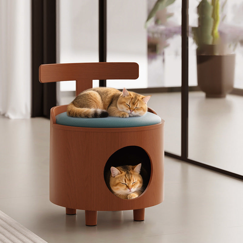 Contemporary Scandinavian Round Solid Wood Cat Bed with Faux Leather Sponge Cushion, Multi-Layer Board Construction, Low Stool Design with Backrest, Armless, for Living Room
