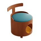 Contemporary Scandinavian Round Solid Wood Cat Bed with Faux Leather Sponge Cushion, Multi-Layer Board Construction, Low Stool Design with Backrest, Armless, for Living Room