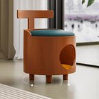 Contemporary Scandinavian Round Solid Wood Cat Bed with Faux Leather Sponge Cushion, Multi-Layer Board Construction, Low Stool Design with Backrest, Armless, for Living Room