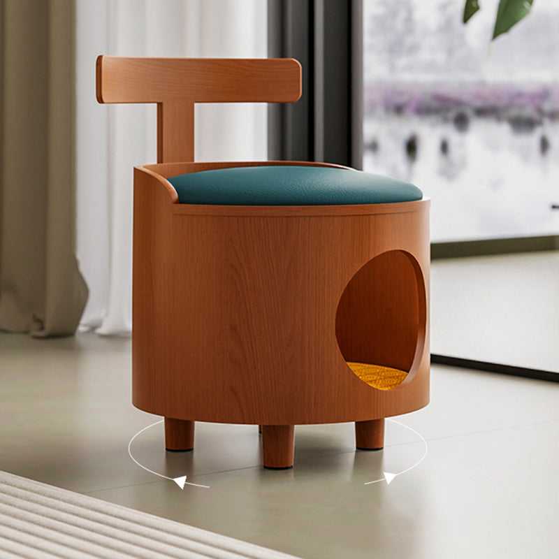 Contemporary Scandinavian Round Solid Wood Cat Bed with Faux Leather Sponge Cushion, Multi-Layer Board Construction, Low Stool Design with Backrest, Armless, for Living Room