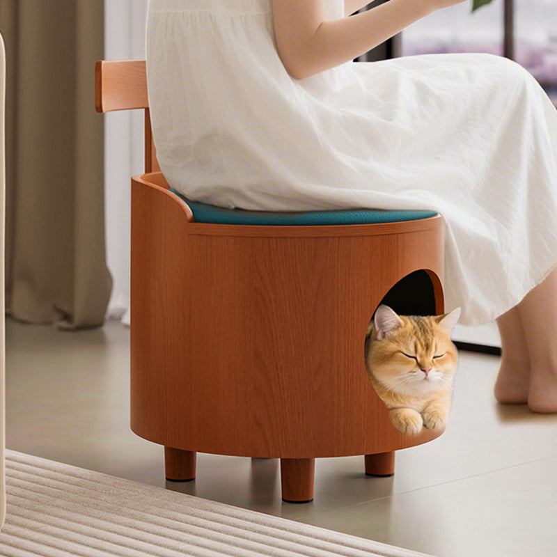 Contemporary Scandinavian Round Solid Wood Cat Bed with Faux Leather Sponge Cushion, Multi-Layer Board Construction, Low Stool Design with Backrest, Armless, for Living Room