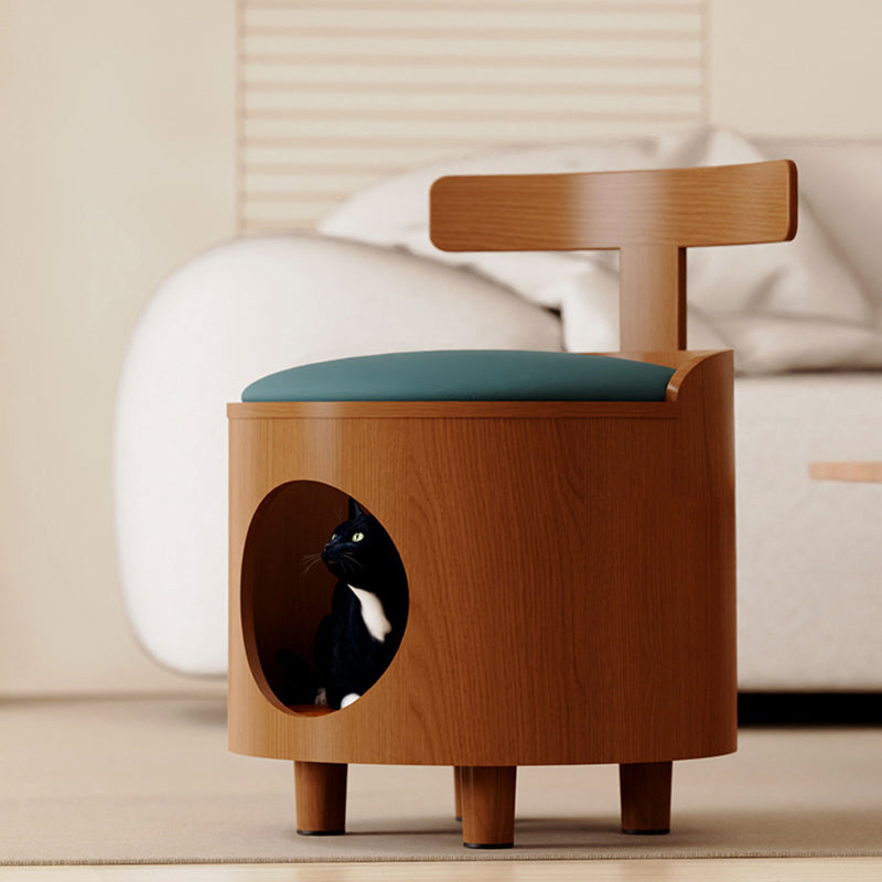 Contemporary Scandinavian Round Solid Wood Cat Bed with Faux Leather Sponge Cushion, Multi-Layer Board Construction, Low Stool Design with Backrest, Armless, for Living Room