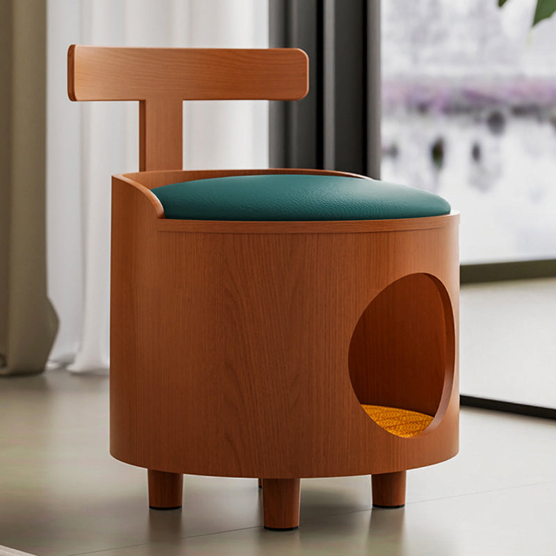 Contemporary Scandinavian Round Solid Wood Cat Bed with Faux Leather Sponge Cushion, Multi-Layer Board Construction, Low Stool Design with Backrest, Armless, for Living Room