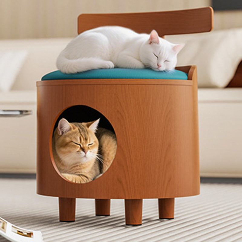 Contemporary Scandinavian Round Solid Wood Cat Bed with Faux Leather Sponge Cushion, Multi-Layer Board Construction, Low Stool Design with Backrest, Armless, for Living Room