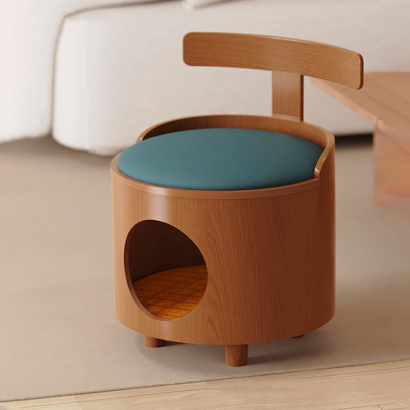 Contemporary Scandinavian Round Solid Wood Cat Bed with Faux Leather Sponge Cushion, Multi-Layer Board Construction, Low Stool Design with Backrest, Armless, for Living Room