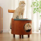 Contemporary Scandinavian Round Solid Wood Cat Bed with Faux Leather Sponge Cushion, Multi-Layer Board Construction, Low Stool Design with Backrest, Armless, for Living Room