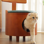 Contemporary Scandinavian Round Solid Wood Cat Bed with Faux Leather Sponge Cushion, Multi-Layer Board Construction, Low Stool Design with Backrest, Armless, for Living Room