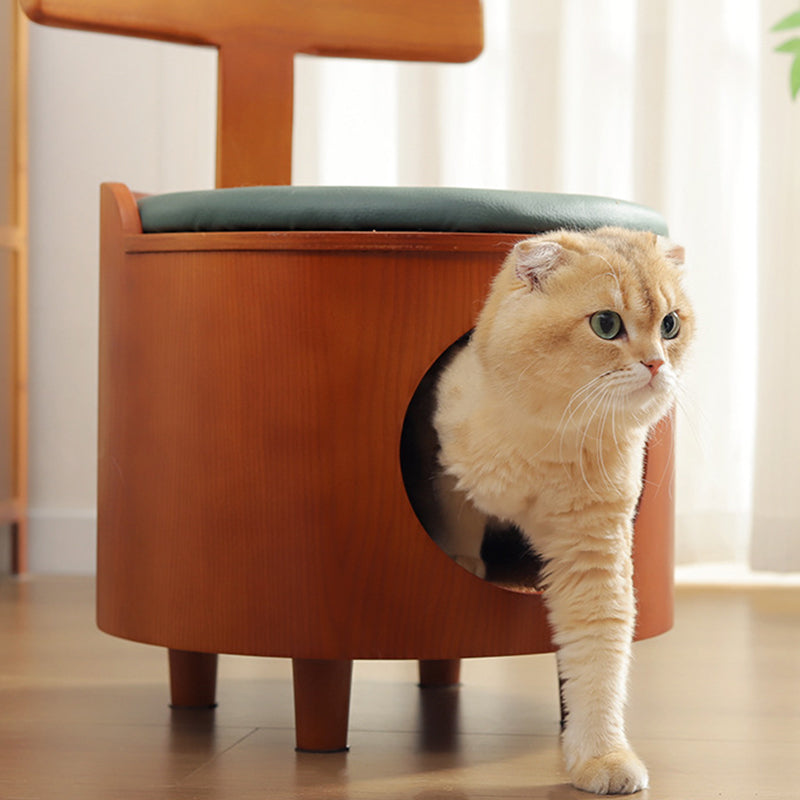 Contemporary Scandinavian Round Solid Wood Cat Bed with Faux Leather Sponge Cushion, Multi-Layer Board Construction, Low Stool Design with Backrest, Armless, for Living Room