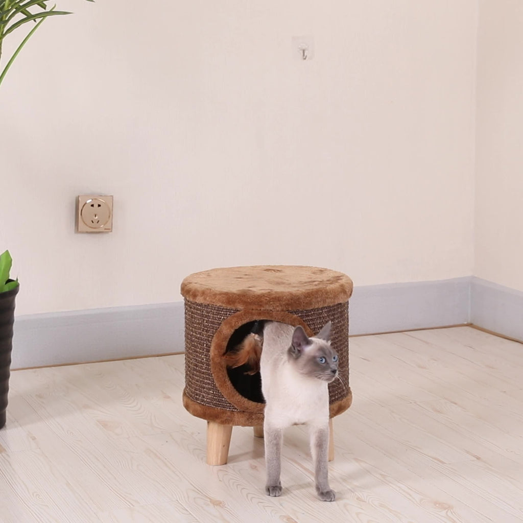 Modern Minimalist Pet & Human Shared Stool — Armless, Low-Profile Seat with Flannelette Upholstery, Cylindrical & Square Particleboard Wood for Living Room