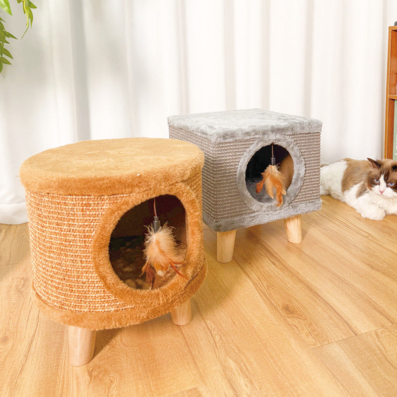 Modern Minimalist Pet & Human Shared Stool — Armless, Low-Profile Seat with Flannelette Upholstery, Cylindrical & Square Particleboard Wood for Living Room