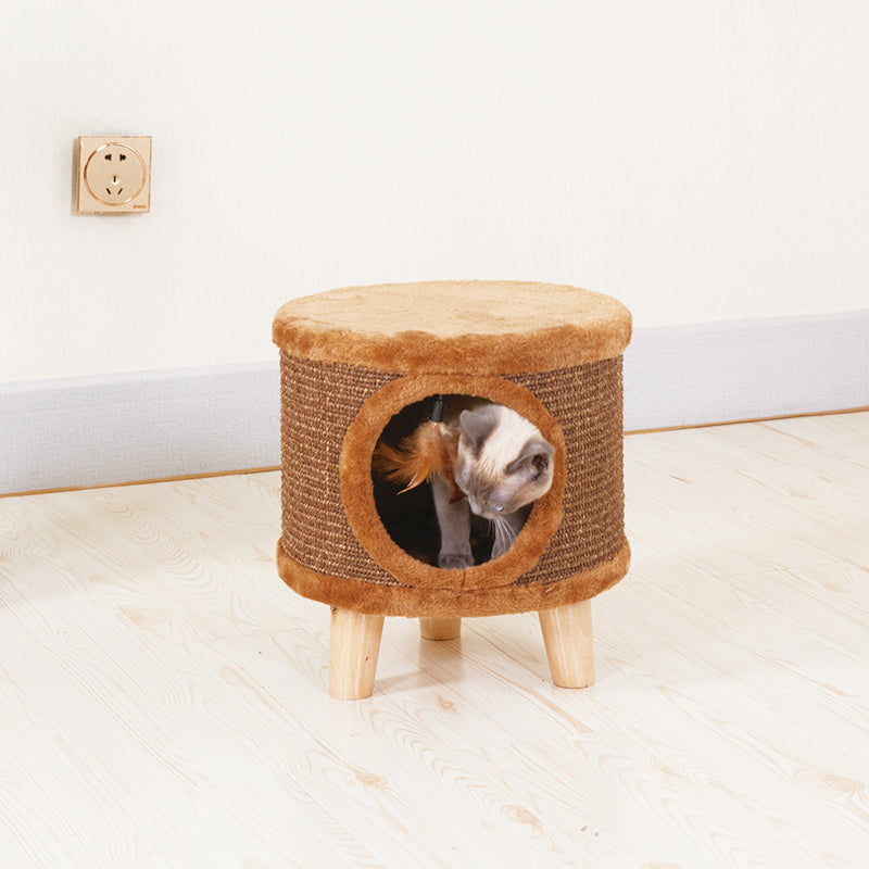 Modern Minimalist Pet & Human Shared Stool — Armless, Low-Profile Seat with Flannelette Upholstery, Cylindrical & Square Particleboard Wood for Living Room