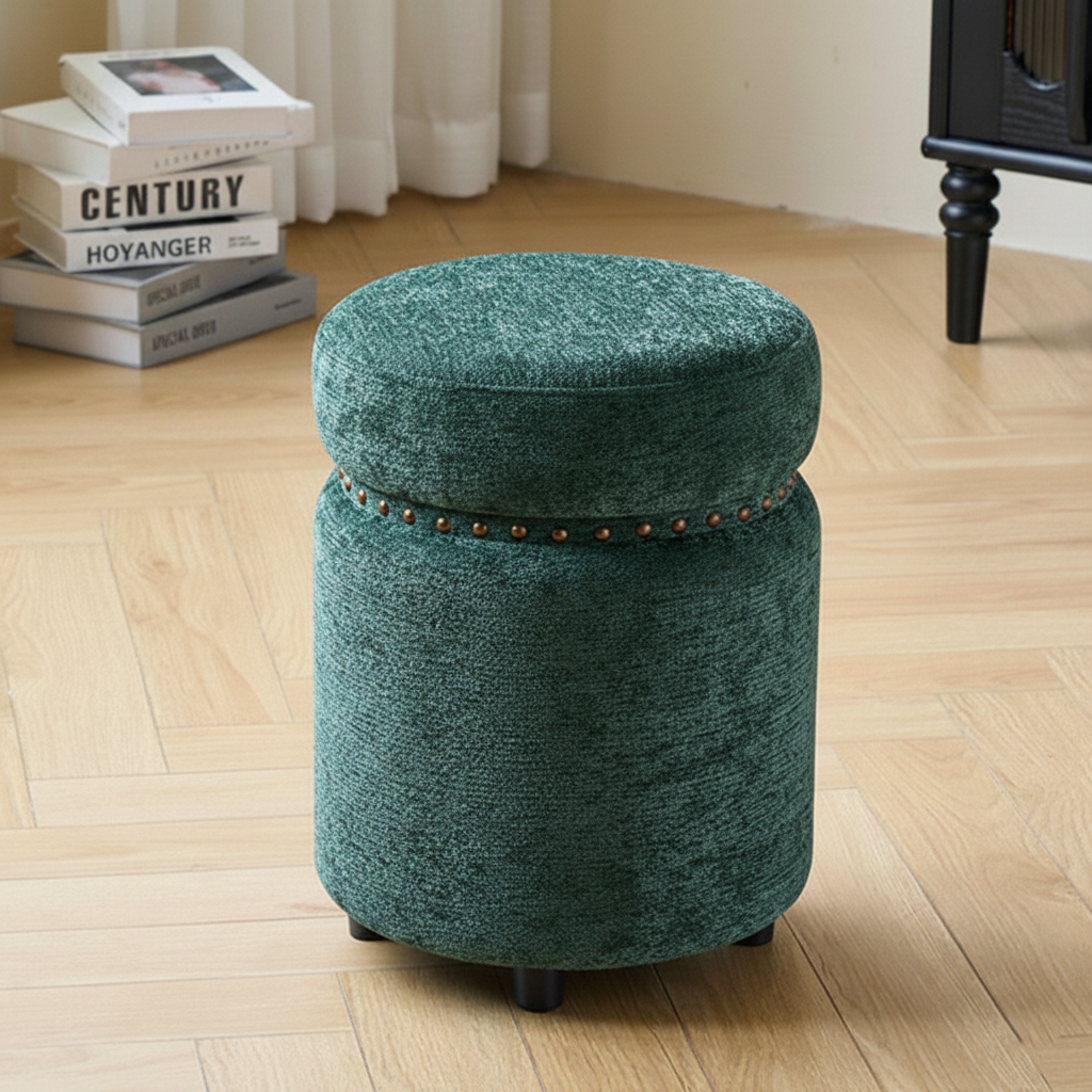 Traditional European Solid Wood Vanity Stool with Chenille Upholstery, Rubber Base, Cylindrical Backless & Armless — Ideal Bedroom Accent