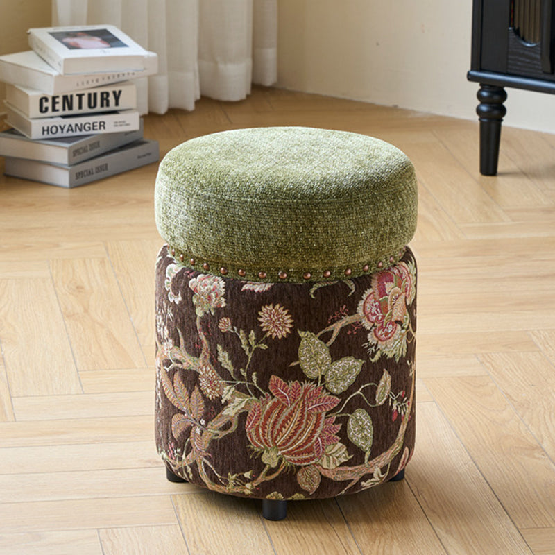 Traditional European Solid Wood Vanity Stool with Chenille Upholstery, Rubber Base, Cylindrical Backless & Armless — Ideal Bedroom Accent