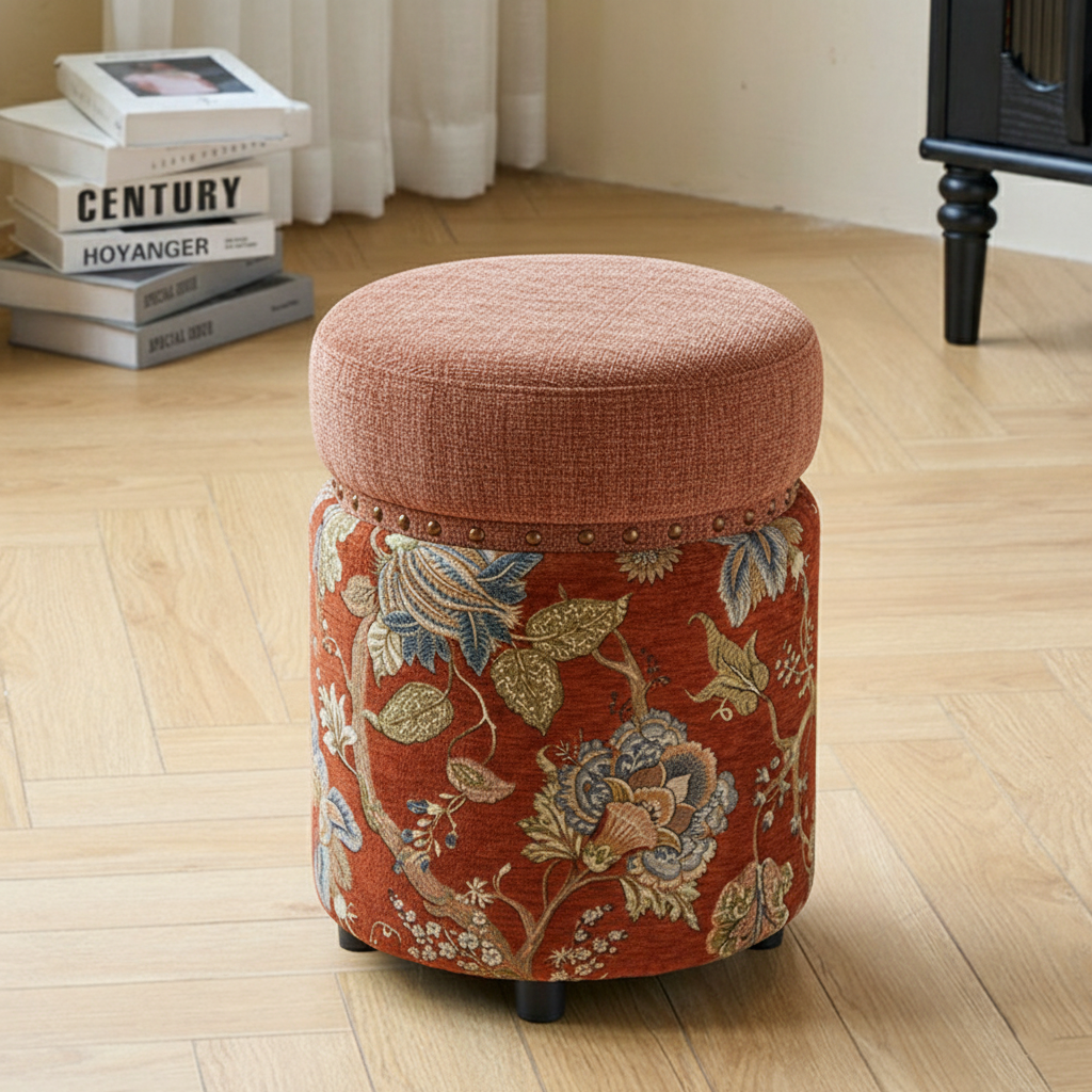 Traditional European Solid Wood Vanity Stool with Chenille Upholstery, Rubber Base, Cylindrical Backless & Armless — Ideal Bedroom Accent