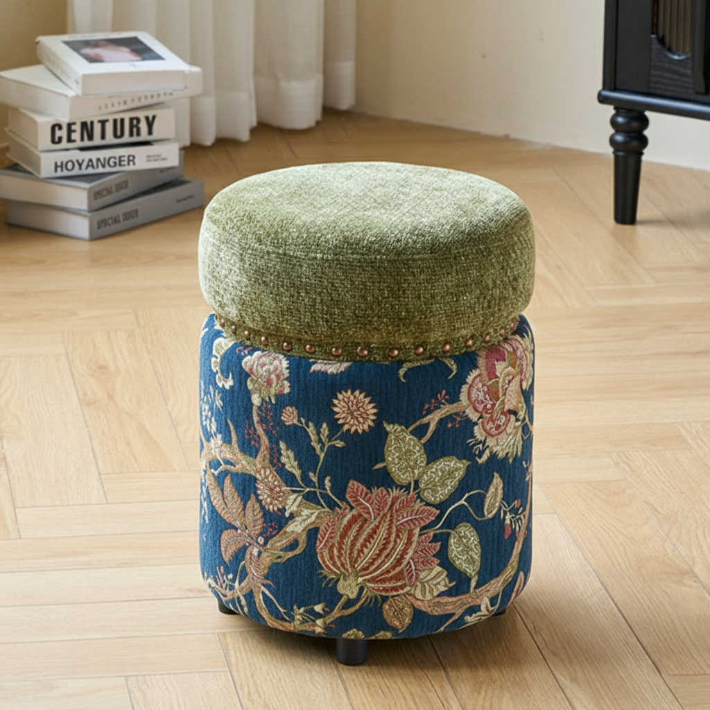 Traditional European Solid Wood Vanity Stool with Chenille Upholstery, Rubber Base, Cylindrical Backless & Armless — Ideal Bedroom Accent