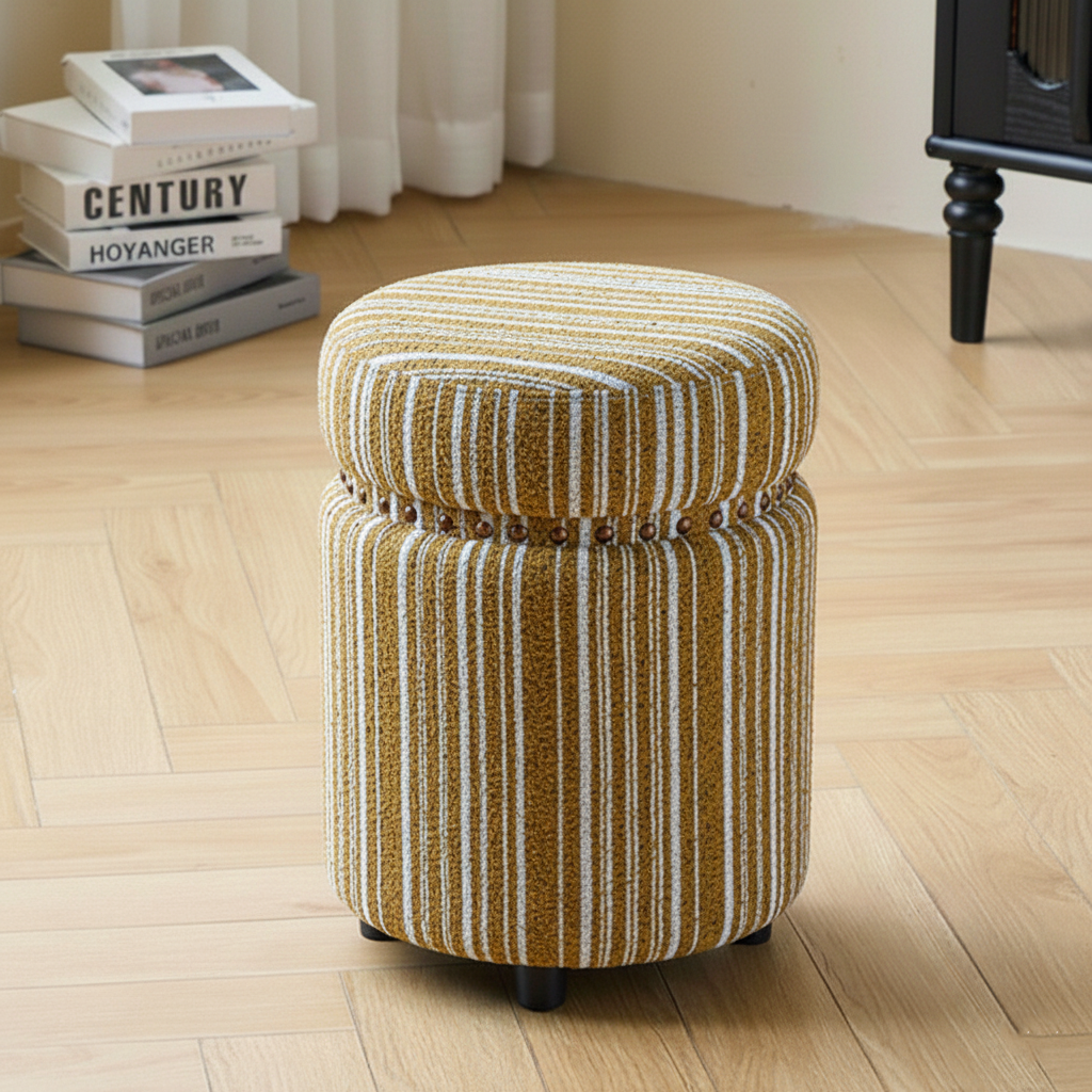 Traditional European Solid Wood Vanity Stool with Chenille Upholstery, Rubber Base, Cylindrical Backless & Armless — Ideal Bedroom Accent