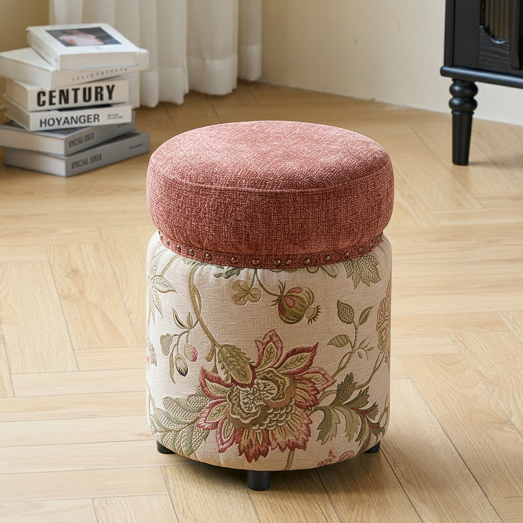 Traditional European Solid Wood Vanity Stool with Chenille Upholstery, Rubber Base, Cylindrical Backless & Armless — Ideal Bedroom Accent