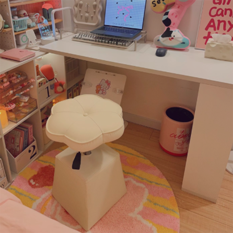 Traditional French Floral PU Leather Vanity Stool with Wooden Frame, Cushioned Sponge Seat, Liftable, Swivel, Backless & Armless for Bedroom