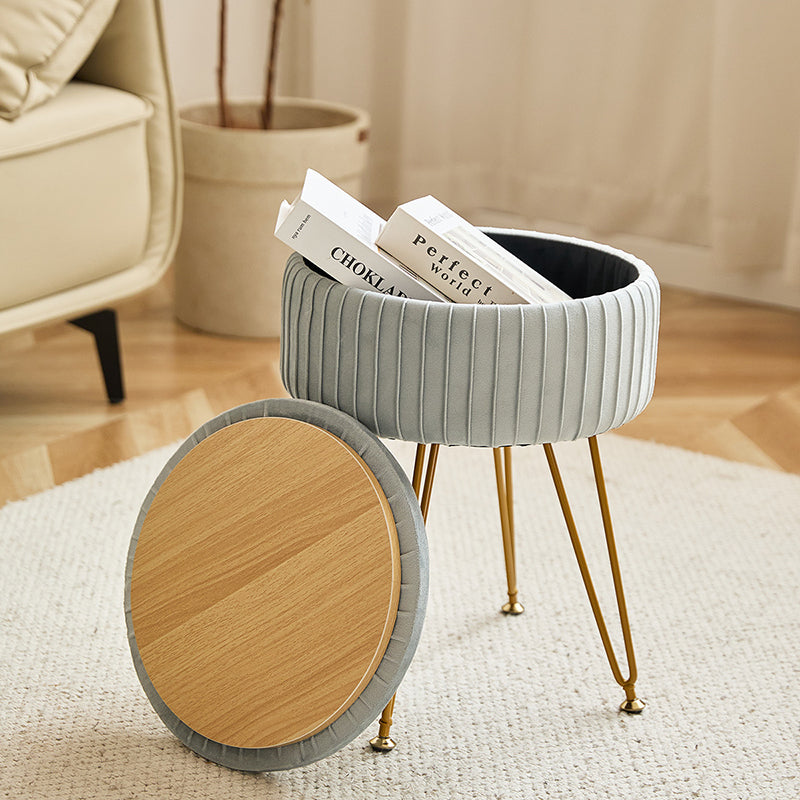 Nordic-Style Velvet Vanity Stool with Hidden Storage — Round, Backless & Armless, Plush Padding on Iron & MDF Frame for Bedroom