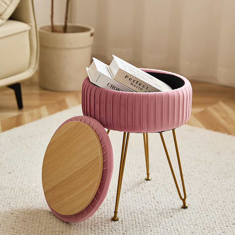 Nordic-Style Velvet Vanity Stool with Hidden Storage — Round, Backless & Armless, Plush Padding on Iron & MDF Frame for Bedroom
