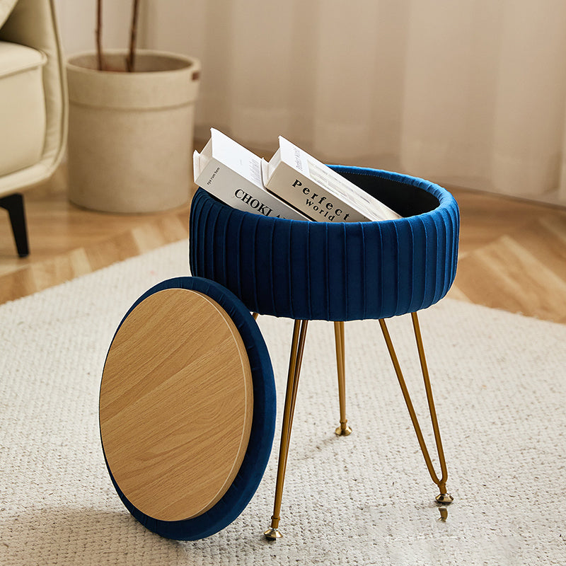 Nordic-Style Velvet Vanity Stool with Hidden Storage — Round, Backless & Armless, Plush Padding on Iron & MDF Frame for Bedroom