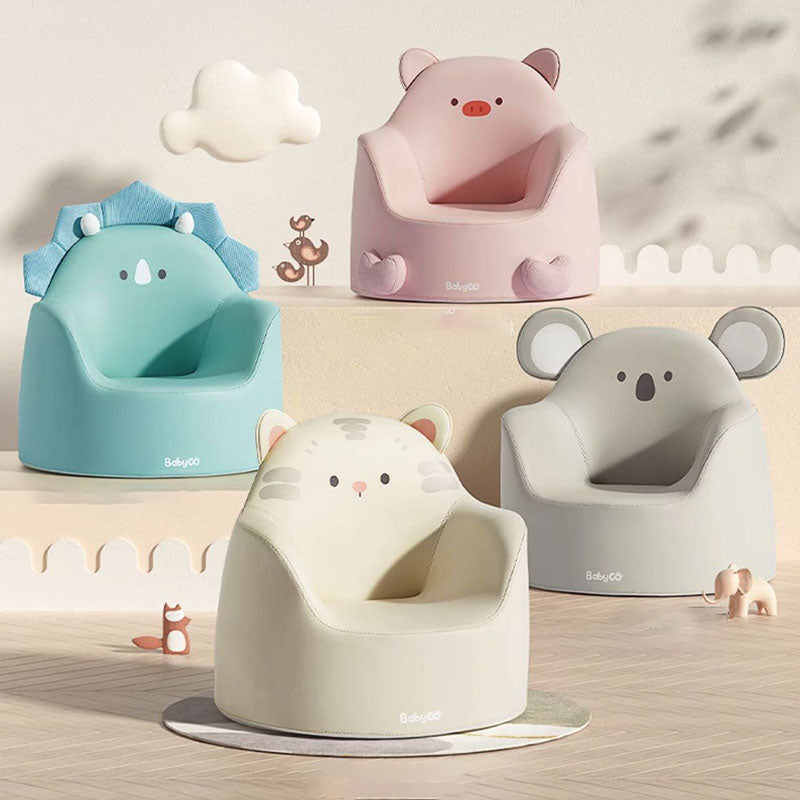 Modern Art Deco Cartoon Animal Kids Stool with Backrest and Armrests, PU Leather, Foam Cushioned, Low-Profile Bedroom Stool