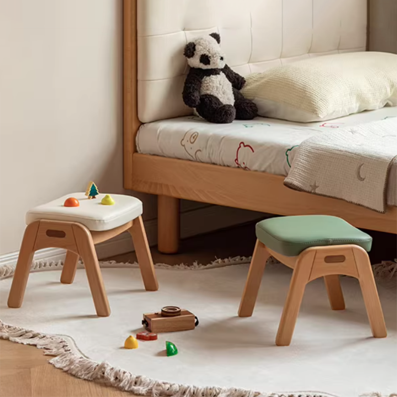 Traditional Japanese Trapezoid Kids Stool — Adjustable Beech & Pine Wood with PU Leather, Low-Height Living Room Seat