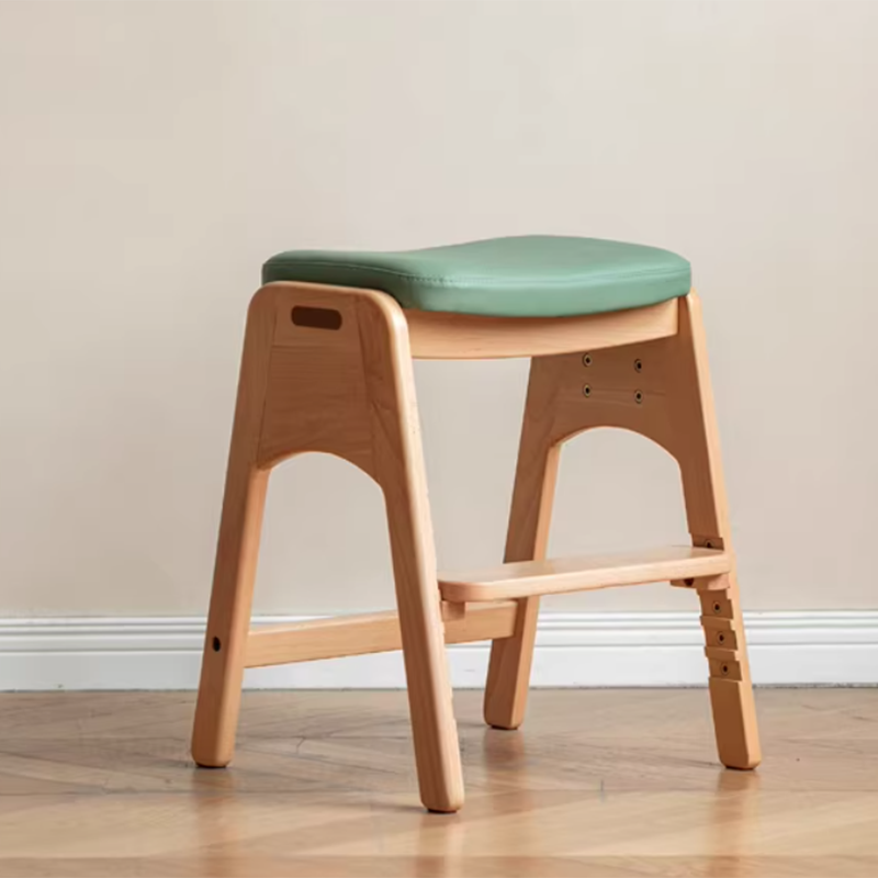 Traditional Japanese Trapezoid Kids Stool — Adjustable Beech & Pine Wood with PU Leather, Low-Height Living Room Seat