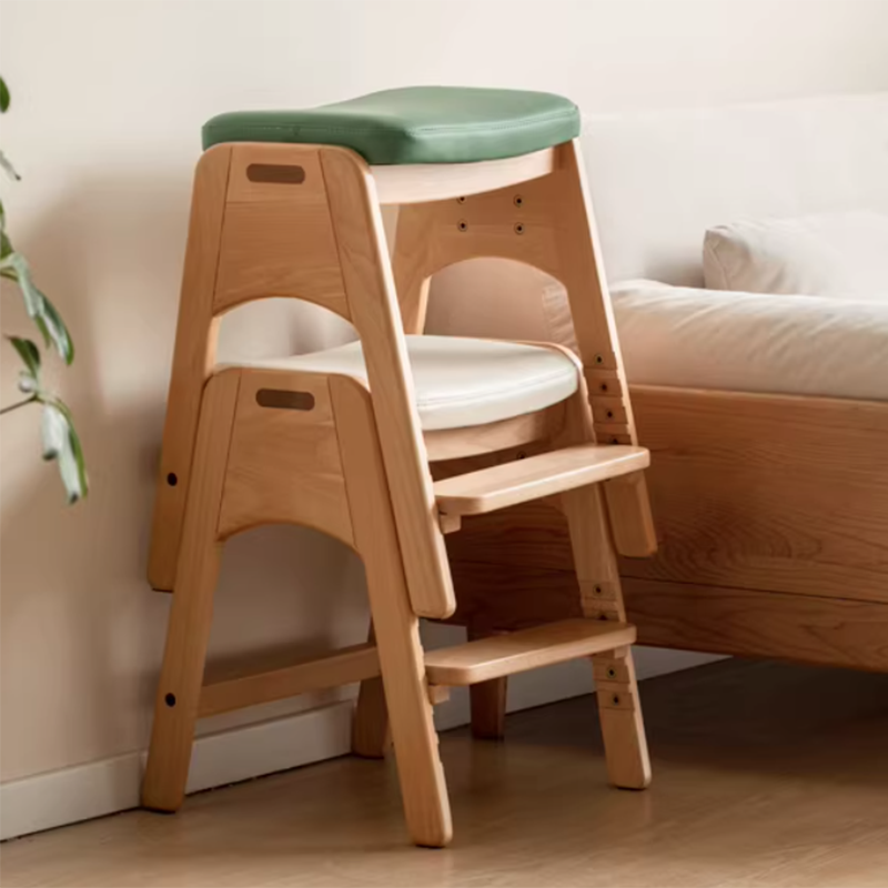 Traditional Japanese Trapezoid Kids Stool — Adjustable Beech & Pine Wood with PU Leather, Low-Height Living Room Seat