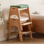Traditional Japanese Trapezoid Kids Stool — Adjustable Beech & Pine Wood with PU Leather, Low-Height Living Room Seat