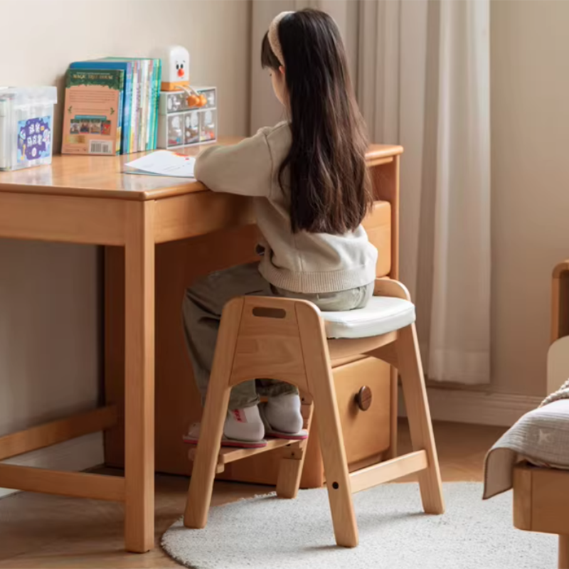 Traditional Japanese Trapezoid Kids Stool — Adjustable Beech & Pine Wood with PU Leather, Low-Height Living Room Seat