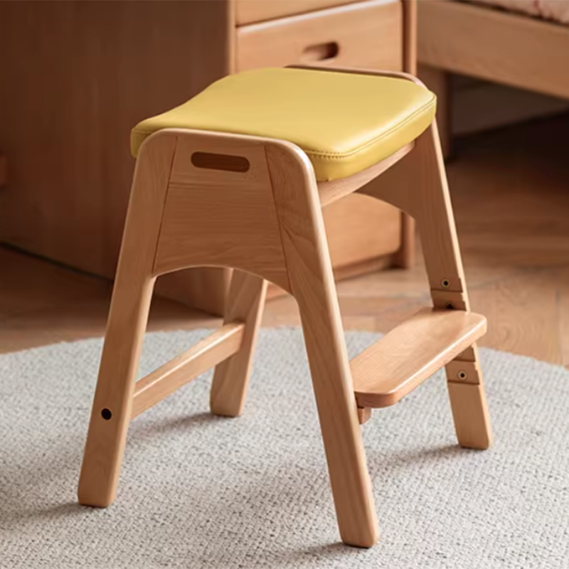 Traditional Japanese Trapezoid Kids Stool — Adjustable Beech & Pine Wood with PU Leather, Low-Height Living Room Seat