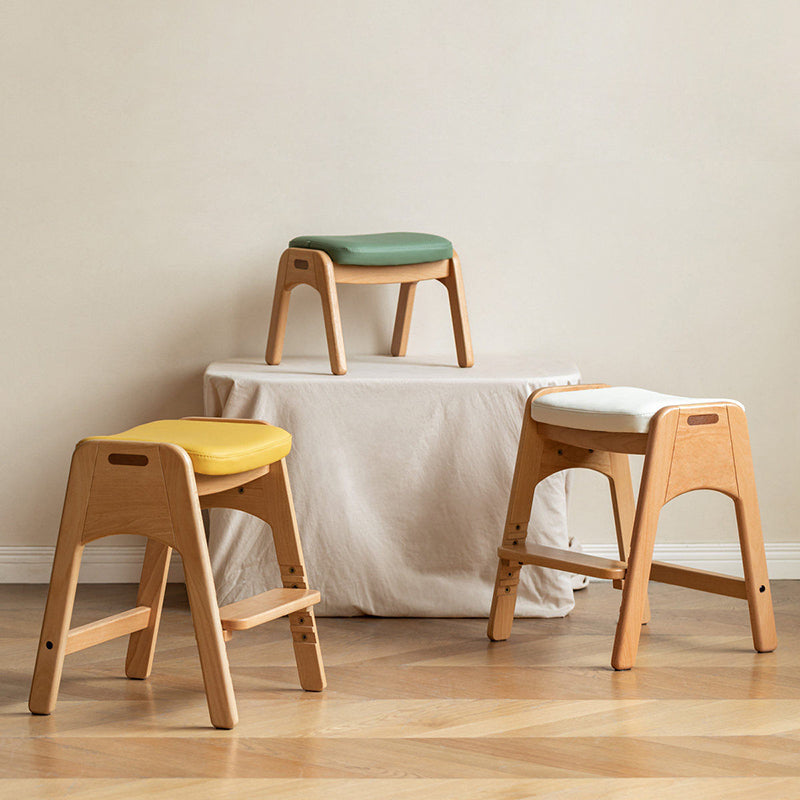 Traditional Japanese Trapezoid Kids Stool — Adjustable Beech & Pine Wood with PU Leather, Low-Height Living Room Seat