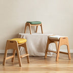Traditional Japanese Trapezoid Kids Stool — Adjustable Beech & Pine Wood with PU Leather, Low-Height Living Room Seat