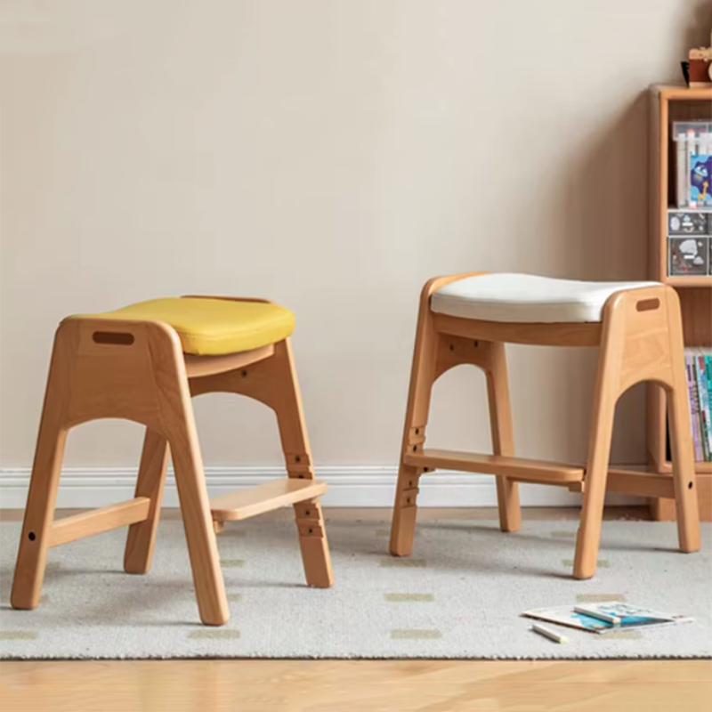 Traditional Japanese Trapezoid Kids Stool — Adjustable Beech & Pine Wood with PU Leather, Low-Height Living Room Seat
