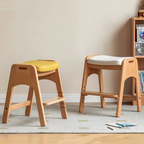 Traditional Japanese Trapezoid Kids Stool — Adjustable Beech & Pine Wood with PU Leather, Low-Height Living Room Seat