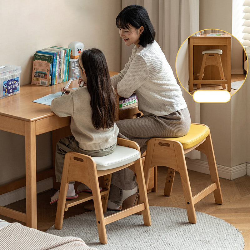 Traditional Japanese Trapezoid Kids Stool — Adjustable Beech & Pine Wood with PU Leather, Low-Height Living Room Seat