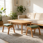 Traditional Japanese Trapezoid Kids Stool — Adjustable Beech & Pine Wood with PU Leather, Low-Height Living Room Seat