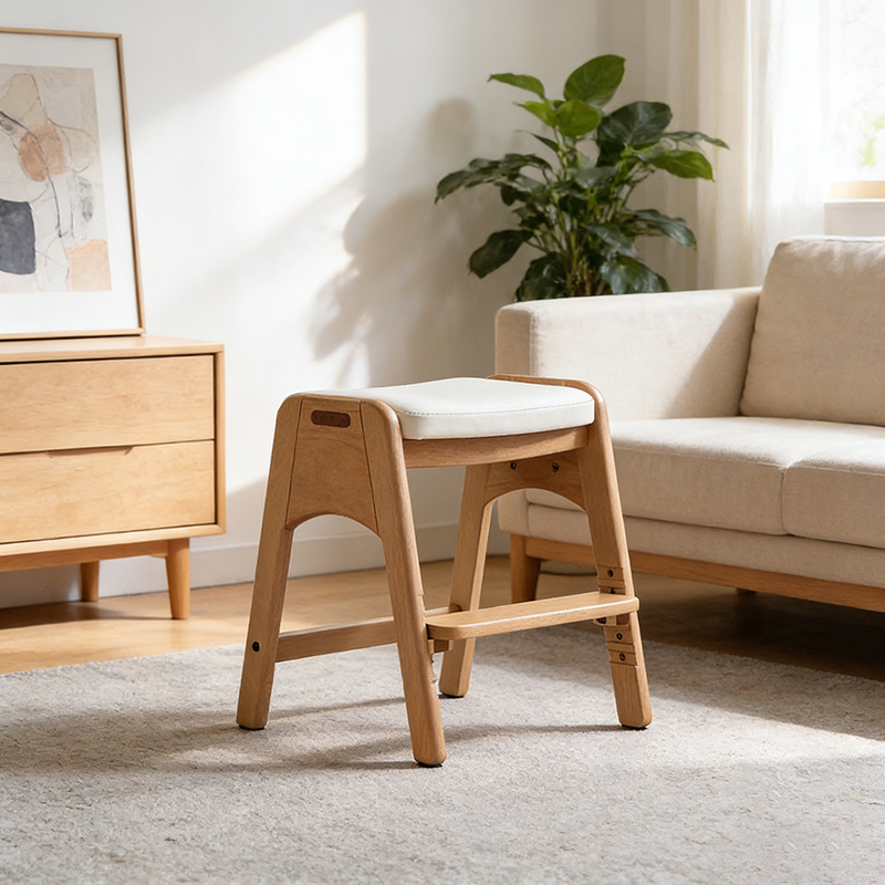 Traditional Japanese Trapezoid Kids Stool — Adjustable Beech & Pine Wood with PU Leather, Low-Height Living Room Seat